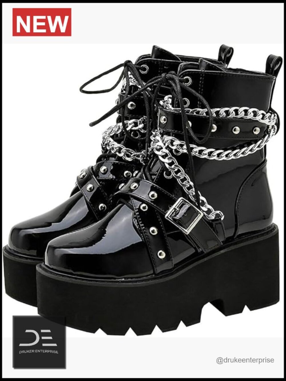 Patent Leather Lace Up Platform Chunky Heel Ankle Combat Boots